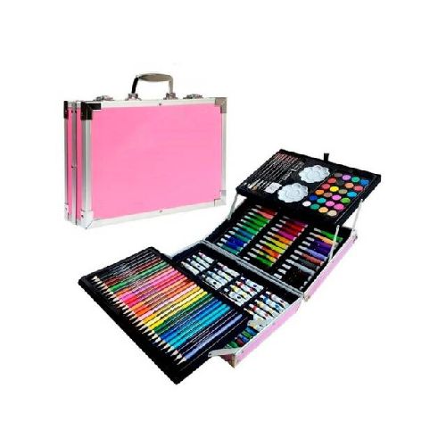 Set Valija Rosa Metálica Arte Escolar Didáctico 145 Pcs