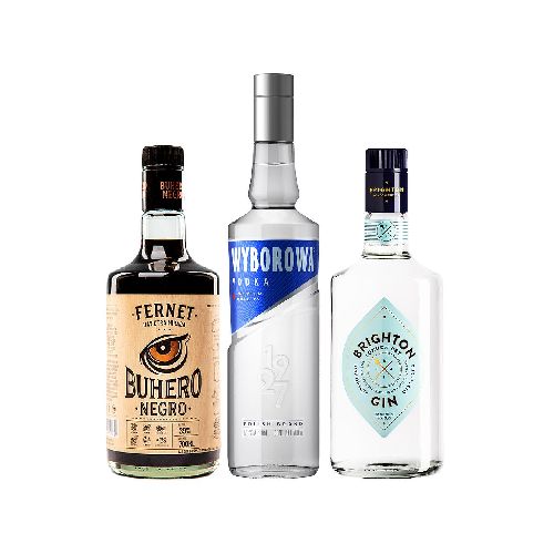 FERNET BUHERO 700 ML + VODKA WYBOROWA 700 ML+ GIN BRIGHTON 700 ML