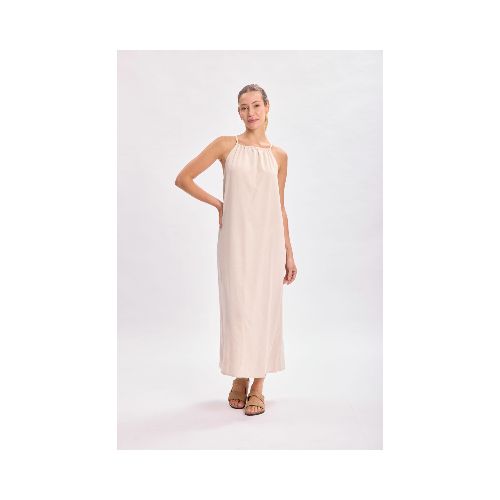 Vestido largo con lino - Beige