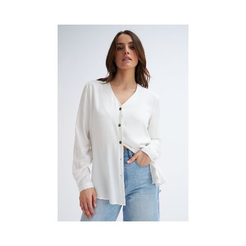 Blusa manga larga escote V - Blanco