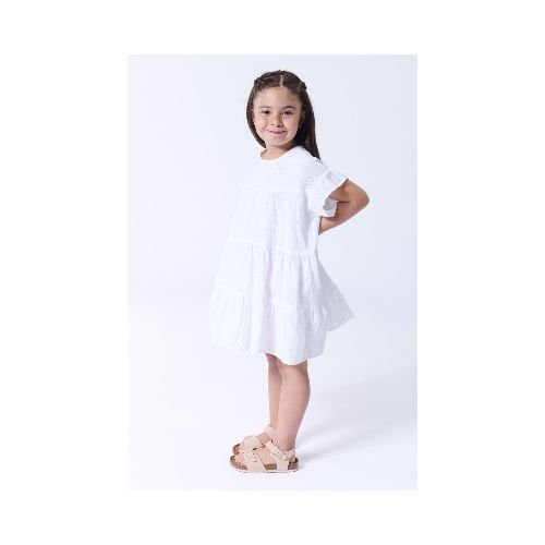 Vestido broderie manga volados - Blanco