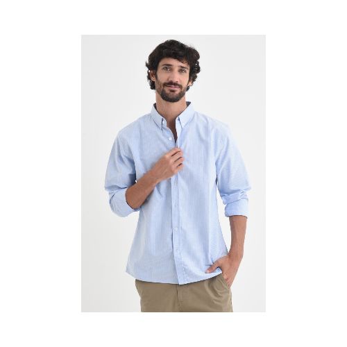 Camisa manga larga oxford - Celeste con micro raya blanca