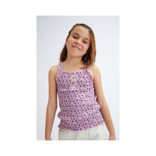 Camiseta en rib sin mangas con flores - Lila