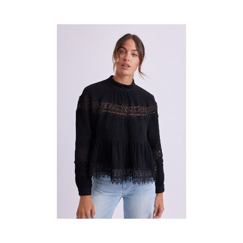 Blusa manga larga de encaje - Negro