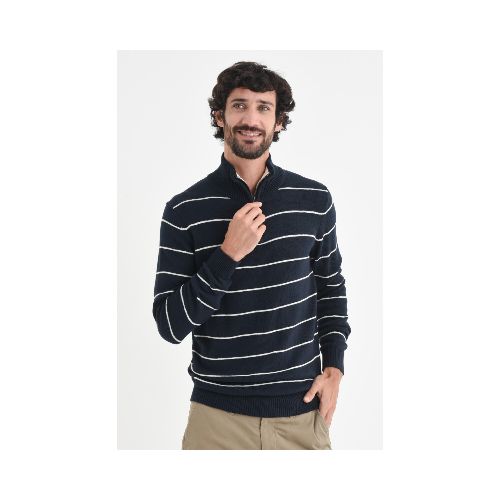 Sweater de punto medio cierre - Azul marino a rayas