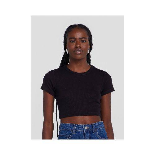 BLUSA CROPPED EN TELA ACANALADA - NEGRO — Hering