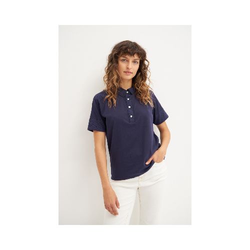 Remera cuello polo con broderie - azul marino