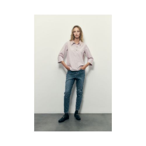 Blusa rayada con cuello camisa - lacre