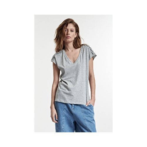 Remera escote V con trenzado en hombros - gris melange