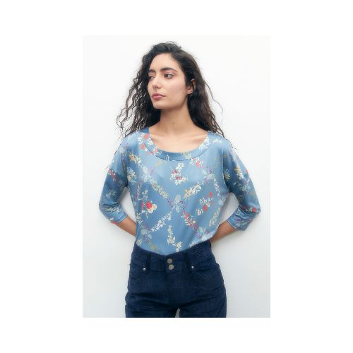 Blusa estampado rombos florales - azul petroleo