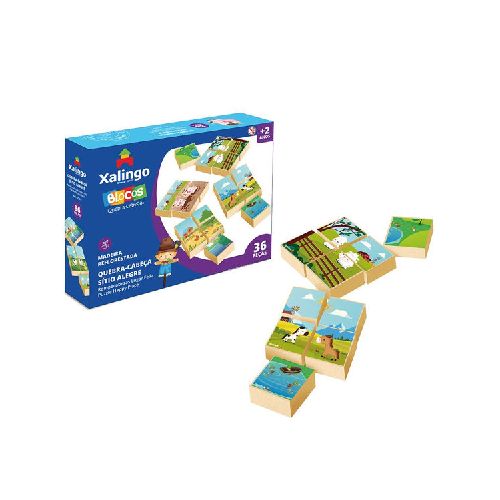 Puzzle x4, 36 cubos de madera granja XALINGO, en caja  