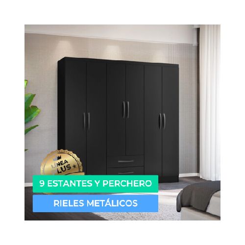 Armario Ropero Placard de 6 Puertas Línea Plus con 2 Cajones y Perchero Horizontal - MDP - Negro