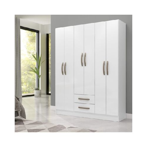 Ropero Armario 6 puertas 2 cajones con estantes y perchero interior natural 172X136X35 - Blanco