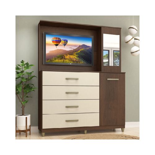 Comoda Cajonera Rack TV de 4 cajones 1 puerta 1 Botiquín con Espejo y Estantes para Dormitorio o Living - FE - R/Champan