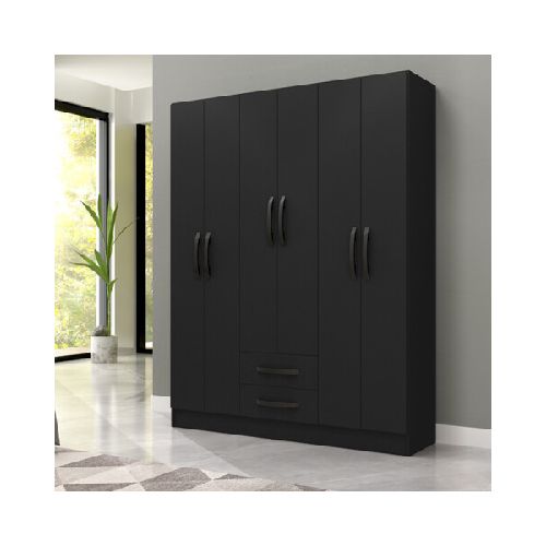 Ropero Armario 6 puertas 2 cajones con estantes y perchero interior natural 172X136X35 - Negro