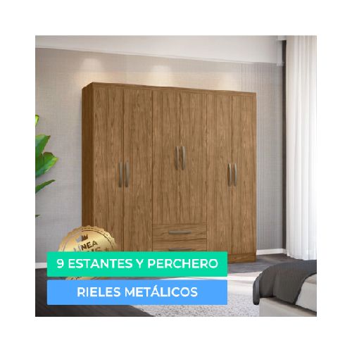 Armario Ropero Placard de 6 Puertas Línea Plus con 2 Cajones y Perchero Horizontal - MDP - Freijo