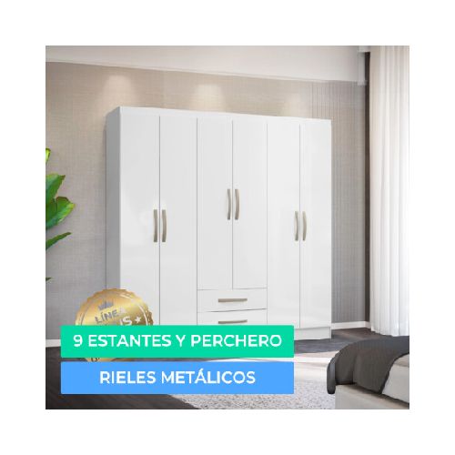 Armario Ropero Placard de 6 Puertas Línea Plus con 2 Cajones y Perchero Horizontal - MDP - Blanco