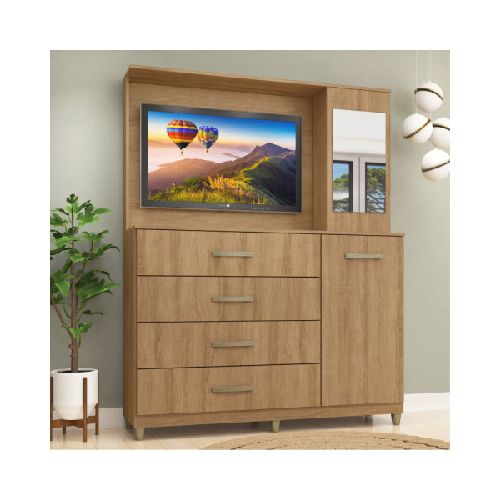 Comoda Cajonera Rack TV de 4 cajones 1 puerta 1 Botiquín con Espejo y Estantes para Dormitorio o Living - FE - Miel