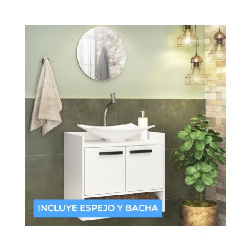 Mueble de Baño con Bacha Lavamanos y Espejo - Blanco