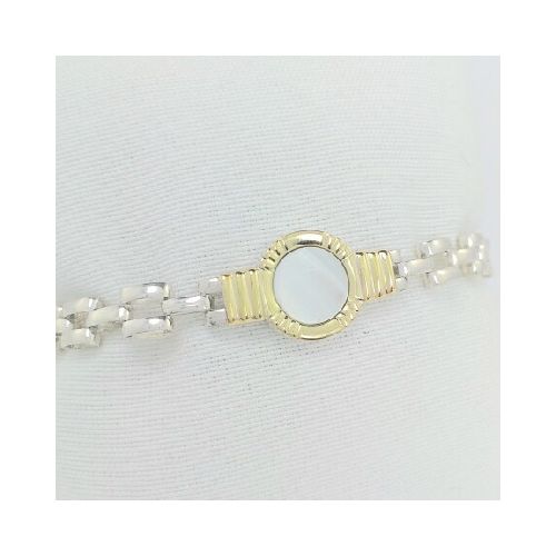 Pulsera de plata 925, modelo panter con aplique central de nácar y double en oro 18 ktes.