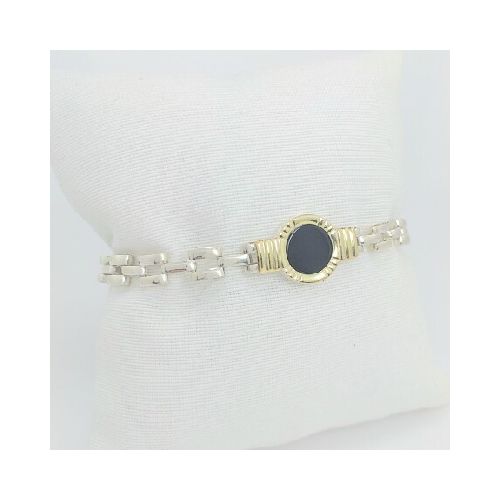 Pulsera de plata 925, modelo panter con aplique central de ónix y double en oro 18 ktes.