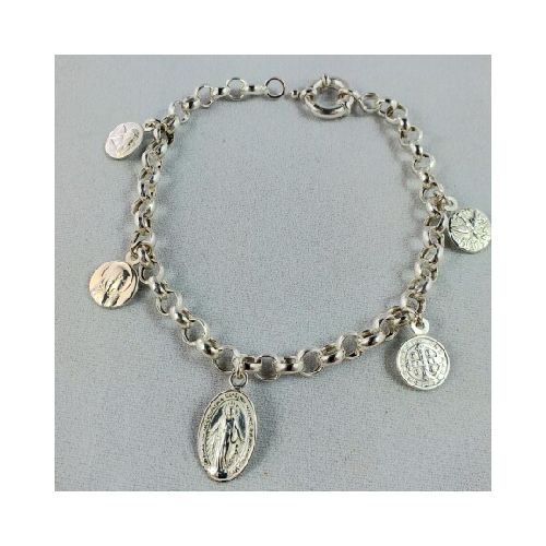 Pulsera de plata 925, modelo rolo con 5 medallas religiosas. Esp.Santo, San Benito, Milagrosa, Virgen Niña y Angel Rafael.