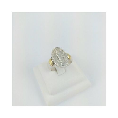 Anillo religioso de plata 925, Virgen Milagrosa con detalles de double en oro 18Ktes, 1.6cm*1cm, diámetro interno 18 mm.