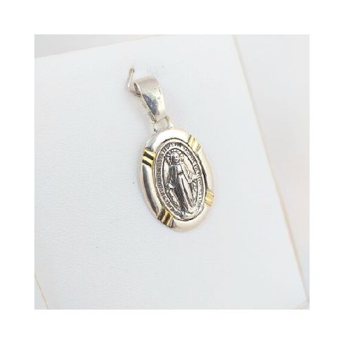 Medalla religiosa de plata 925 con detalles de double en oro 18Ktes, Virgen Milagrosa, diámetro 25mm*20mm.