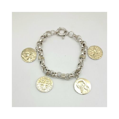 Pulsera religiosa de plata y double en oro 18 ktes con medallas.