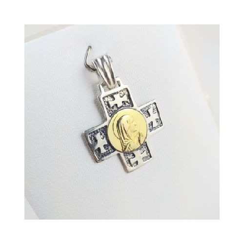 Cruz de plata 925 con medalla central de la Virgen niña en double de oro 18 Ktes. Medidas: 2.3 cm * 2.3 cm, espesor 1.5 mm