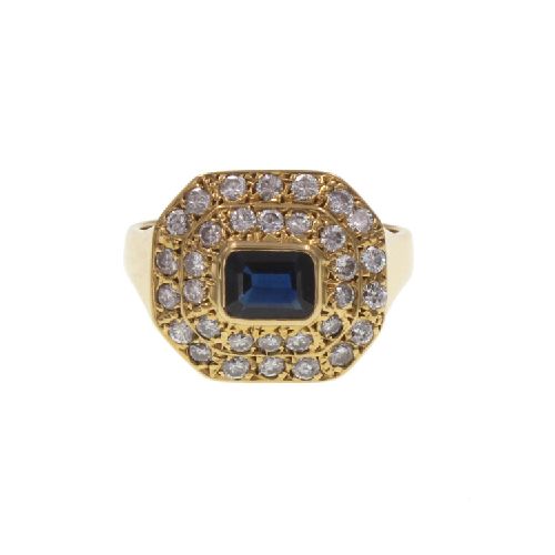 Anillo de oro amarillo 18k con brillantes y zafiro azul N0704