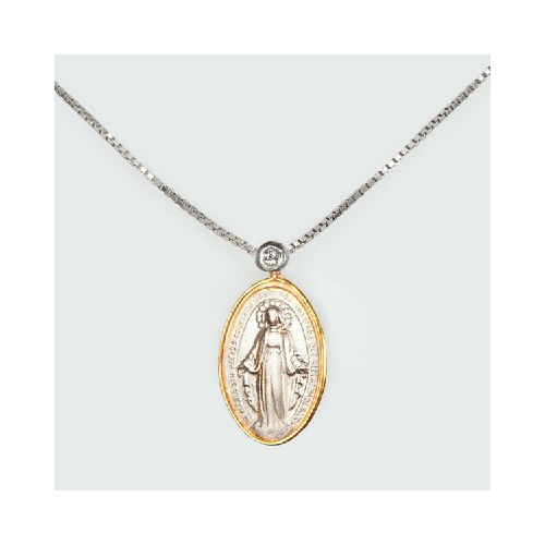 Medalla religiosa Virgen Milagrosa de plata 925 con brillante y virola de oro 18k (incluye cadena)