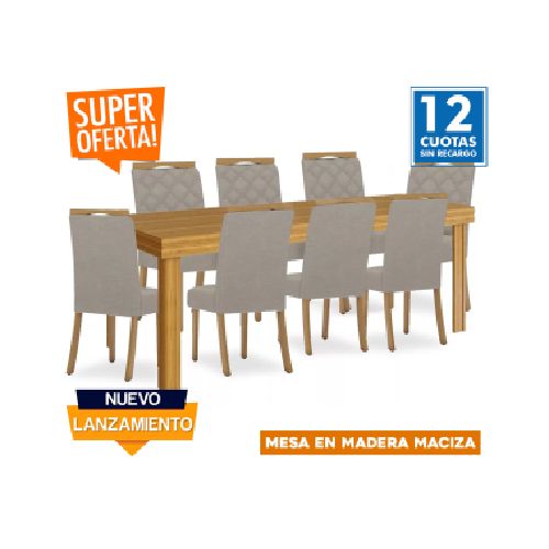 Juego de comedor mesa en madera maciza - 8 sillas tapizadas