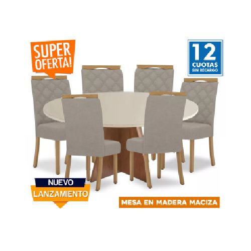 Juego de comedor mesa en madera maciza, tapa circular - 6 sillas tapizadas