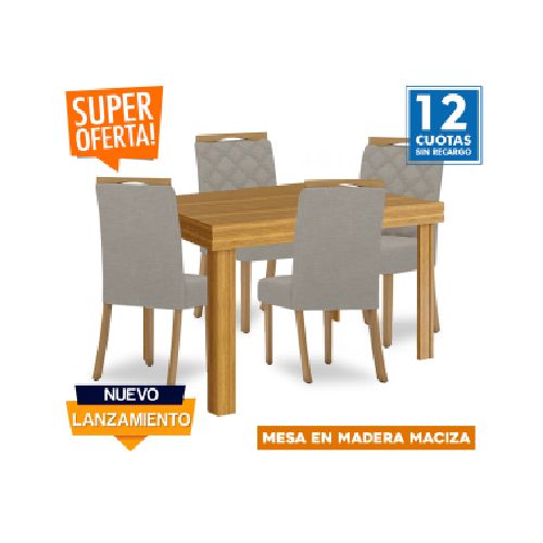 Juego de comedor mesa en madera maciza - 4 sillas tapizadas