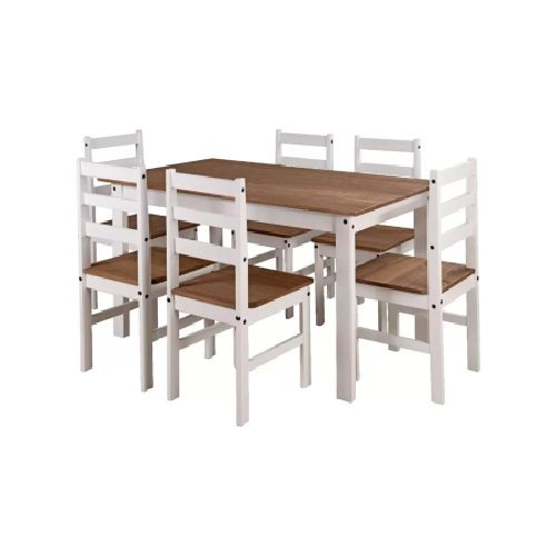 Juego de comedor en madera maciza - Mesa y 6 sillas