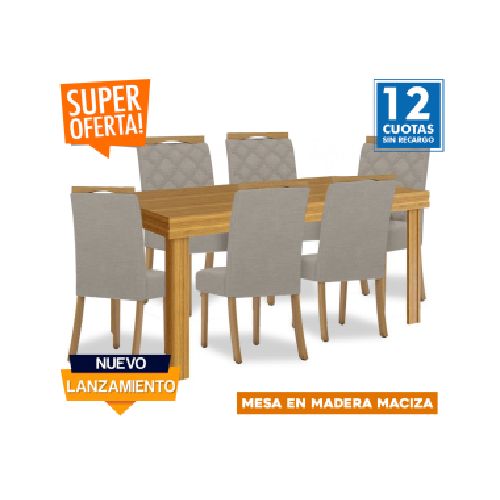 Juego de comedor mesa en madera maciza - 6 sillas tapizadas