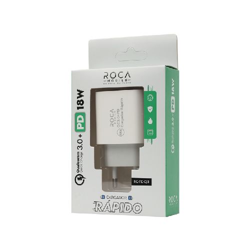 Cargador Rápido ROCA 18W USB QC3.0 USB C/PD Sin Cable