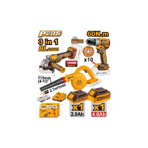 KIT COMBO A BATERIA P20S 20V AMOLADORA + TALADRO + SOPLADORA C/2 BATERIAS, CARGADOR Y ACCESORIOS INGCO COSLI241192 ING_COSLI241192