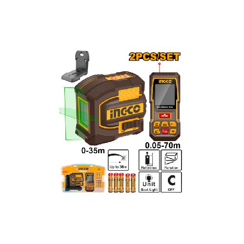 SET MEDICIÓN NIVEL LÁSER VERDE 35MTS (HLL156601) + MEDIDOR DE DISTANCIA 70MTS (HLDD0708) INGCO COSLL0401 ING_COSLL0401