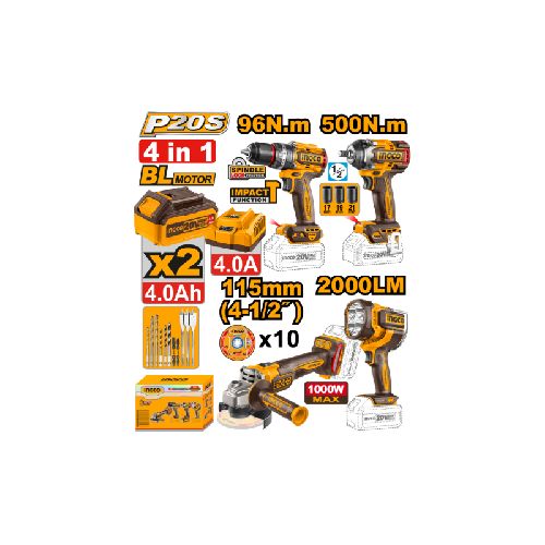 KIT A BATERÍA 20V P20S 4PCS BRUSHLESS MOTOR C/BATERÍAS, CARGADOR, BOLSO Y ACCESORIOS INGCO COSLI241292 ING_COSLI241292