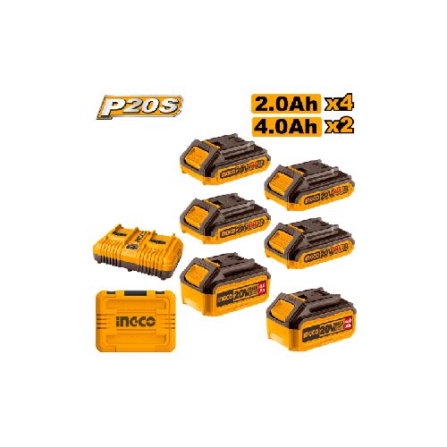 SET X 6 BATERIAS 20V P20S (4X2AH 2X4AH) + CARGADOR DOBLE + VALIJA INGCO COSLI230701 ING_COSLI230701