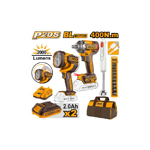 SET LLAVE DE IMPACTO 400NM 20V BATERIA P20S + LINTERNA 2000LM + MIXER C BAT Y BOLSO INGCO COSLI240961 ING_COSLI240961