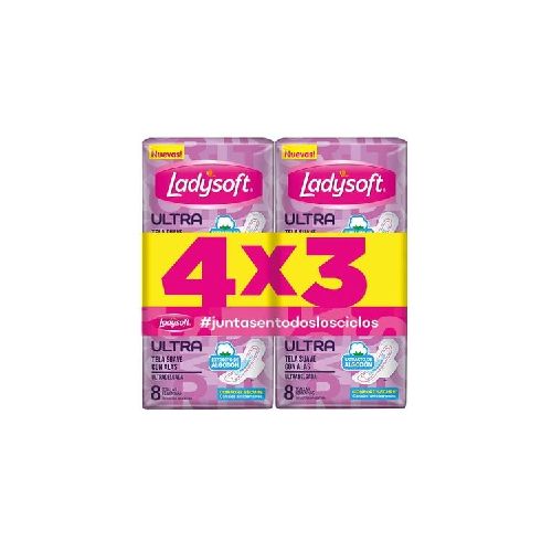 Pack 4x3 Toallas Femeninas LADYSOFT Ultra Delgada Tela Suave x 8 Unidades