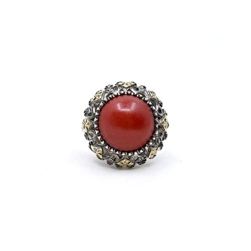 Anillo Antiguo En Plata, Oro 18K Y Coral — Facello Joyeros