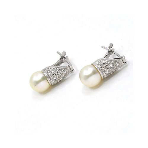 Caravanas Oro Blanco 18K, Perlas De Cultivo Y Brillantes — Facello Joyeros