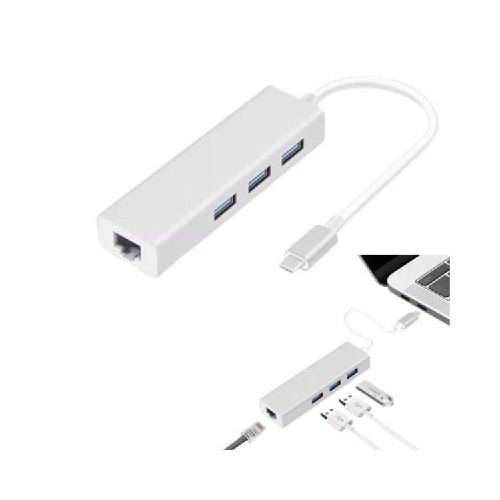 Adaptador HUB Tipo-C 2.0 / 4 En 1 ( RJ45 + 3 USB ) - PowerTech Durazno