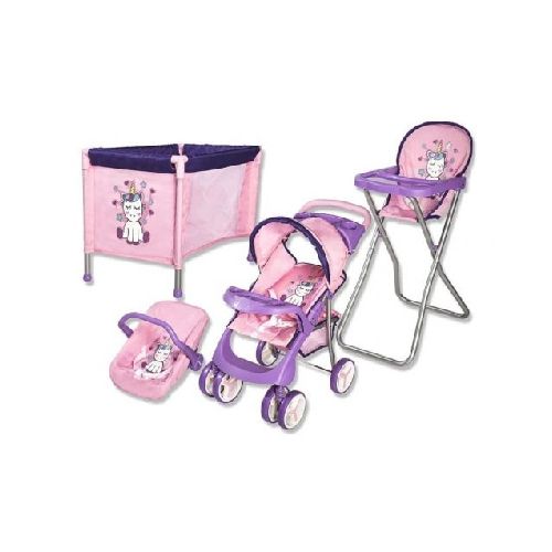 Set de 4 piezas Coche de Muñecas, Baby Silla, Silla de comer y Practicuna