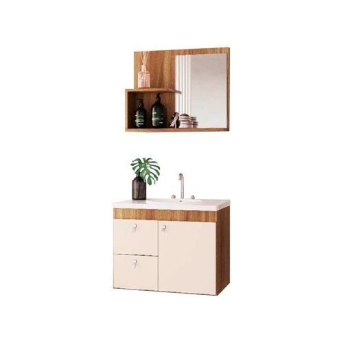 Mueble Para Baño Luna Color Crema/nogal Con Bacha En Marmolina Y Espejo Premium 15mm