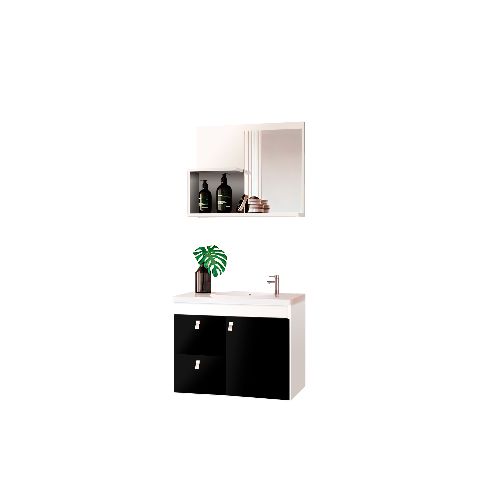 Mueble Para Baño Luna Color Blanco/negro Con Bacha En Marmolina Y Espejo Premium 15mm